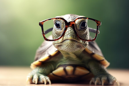 A turtle wearing glasses sitting on a table. Generative AI image.の素材