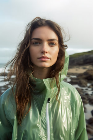 A woman in a green raincoat standing on a rocky beach. Generative AI image.の素材