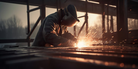 A man in a black hat welding a piece of metal. Generative AI image.の素材