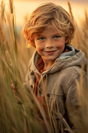 A young boy standing in a field of tall grass. Generative AI image.の素材
