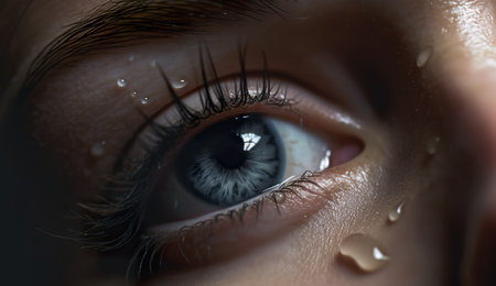 A close up of a persons eye with water droplets on it. Generative AI image.の素材