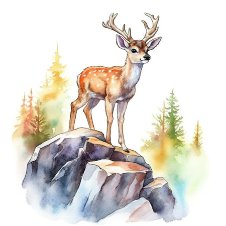 A watercolor painting of a deer standing on a rock. Generative AI image.の素材