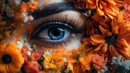 A close up of a womans eye surrounded by flowers. Generative AI image.の素材