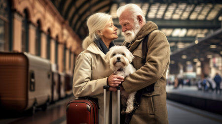A man and a woman with a dog standing next to a train. Generative AI image.の素材