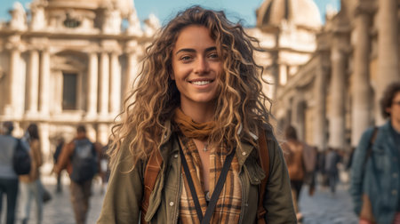 A woman with long curly hair standing in front of a building. Generative AI image.の素材