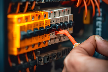 Hand is pressing a switch on a switchboard. Generative AI.の素材