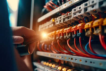Hand is pressing a switch on a switchboard. Generative AI.の素材