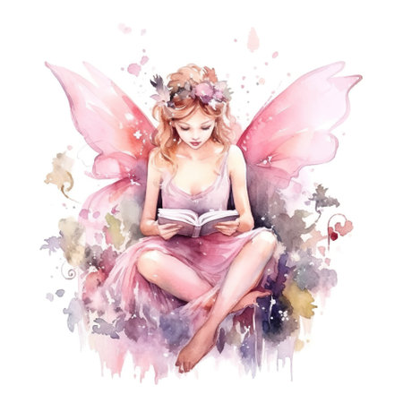 A woman in a pink dress is reading a book. Generative AI image.の素材