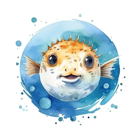 A watercolor painting of a puffer fish. Generative AI image.の素材