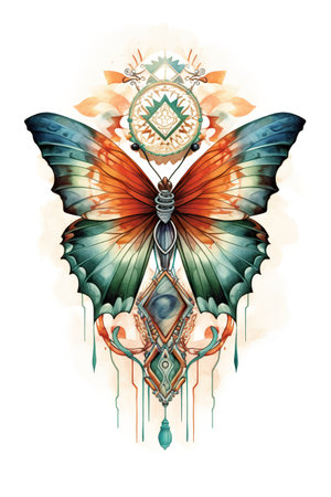A butterfly with a diamond and a sun on its wings. Generative AI image.の素材