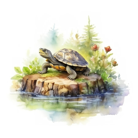 A watercolor painting of a turtle sitting on a rock. Generative AI image.の素材