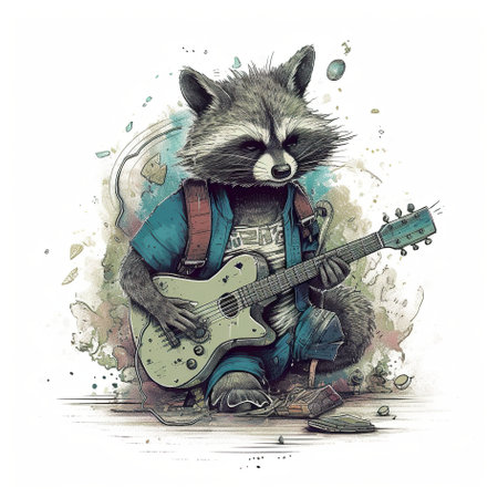 A drawing of a raccoon playing a guitar. Generative AI image.の素材