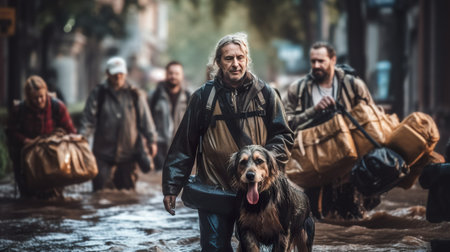 A man walking a dog through a flooded street. Generative AI image.の素材