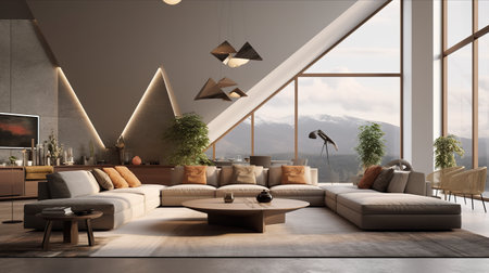 A living room with a large couch and a coffee table. Generative AI image.の素材
