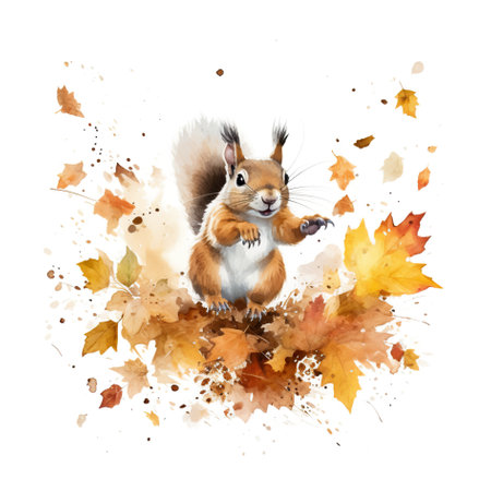 A watercolor painting of a squirrel on a pile of leaves. Generative AI image.の素材