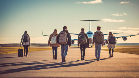A group of people walking towards an airplane. Generative AI image.の素材