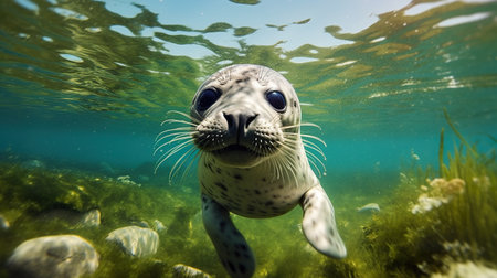 A close up of a seal in the water. Generative AI image.の素材