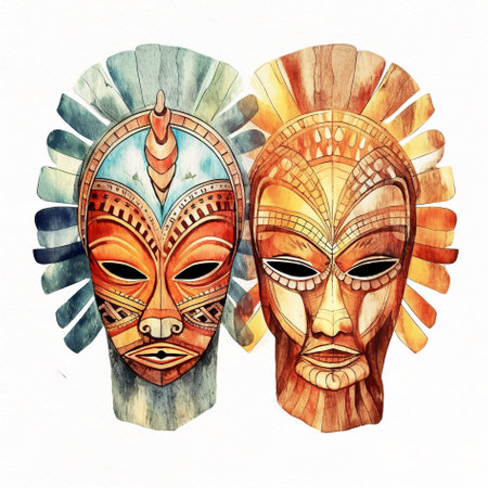 A painting of two masks on a white background. Generative AI image.の素材