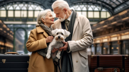 A man and woman holding a dog in a train station. Generative AI image.の素材