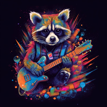 A raccoon playing a guitar with colorful paint splatters. Generative AI image.の素材