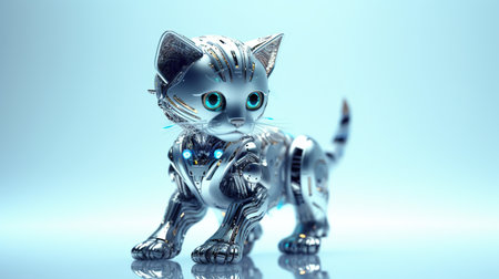 A silver cat figurine on a reflective surface. Generative AI image.の素材