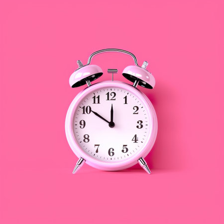 A pink alarm clock on a pink background. Generative AI image.の素材