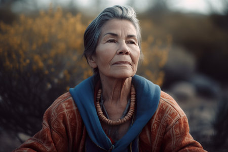 An older woman sitting in a field of flowers. Generative AI image.の素材