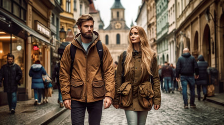 A man and a woman walking down a cobblestone street. Generative AI image.の素材