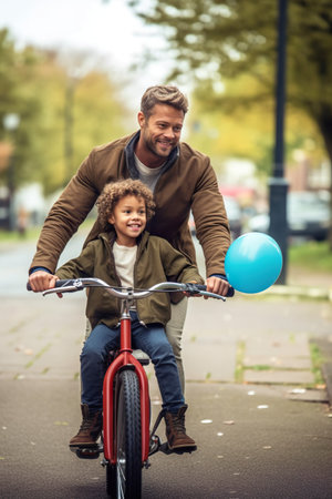 A man riding a bike with a little boy on it. Generative AI image.の素材