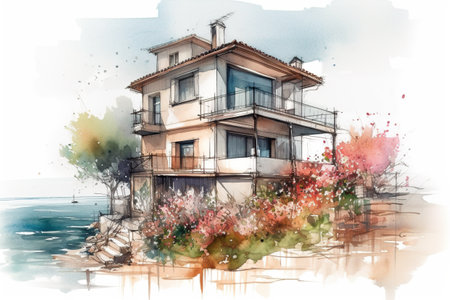 A watercolor sketch of a house by the ocean. Generative AI image.の素材