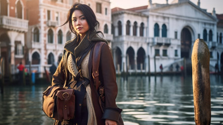 A woman standing on a dock near a body of water. Generative AI image.の素材