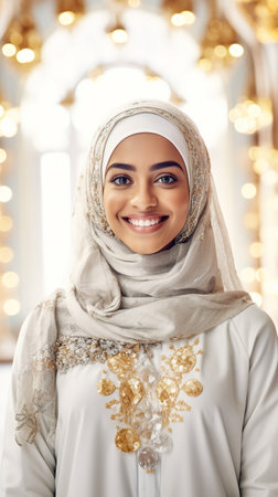 A woman in a white hijab smiles at the camera. Generative AI image.の素材