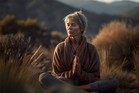 A woman sitting in the middle of a desert. Generative AI image.の素材