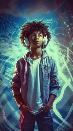 A young man with headphones standing in front of a planet. Generative AI image.の素材