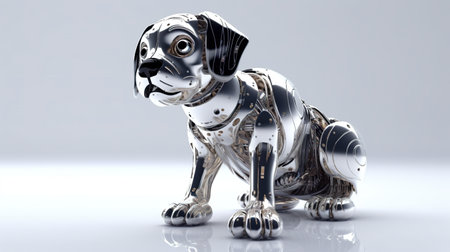 A silver and black dog figurine sitting on a white surface. Generative AI image.の素材