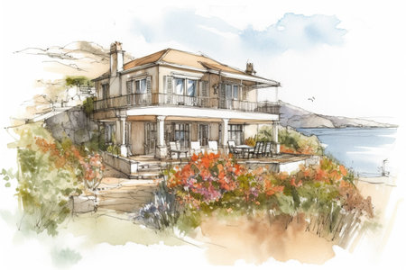 A watercolor sketch of a house by the ocean. Generative AI image.の素材