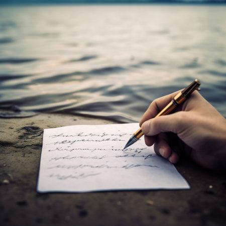 A person writing on a piece of paper with a pen. Generative AI image.の素材