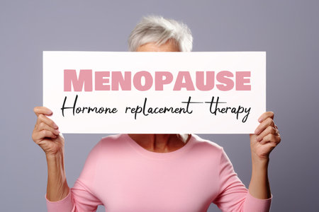 A woman with sign Menopause, Hormone replacement therapy. Generative AI image.の素材