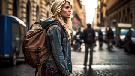 A woman with a backpack walking down a street. Generative AI image.の素材