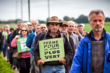 A group of farmers with signs, demanding farming for a greener tomorrow. Generative AI image.の素材