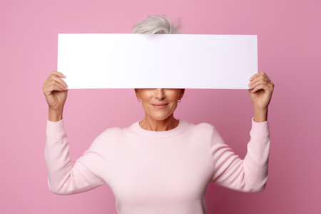 A woman holding up a white sign in front of her face. Generative AI image.の素材