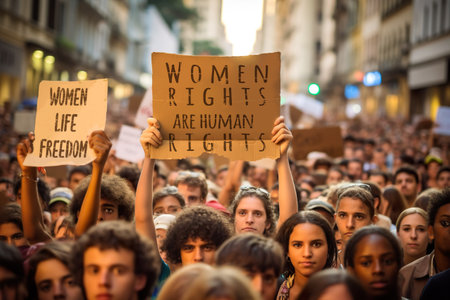 A crowd of protestors, Text Women Rights are Human Rights on placard. Generative AI.の素材