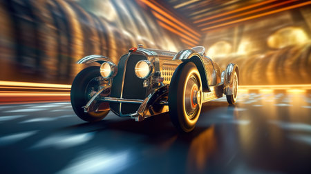 A vintage car driving through a tunnel at night. Generative AI image.の素材