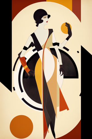 Woman in retro clothes, generative AI Bauhaus style backgroundの素材