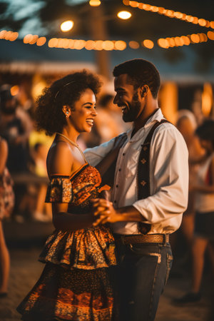 A man and a woman dancing at a party. Generative AI image. Festa Junina in SÐ°o Paulo, Brazil.の素材