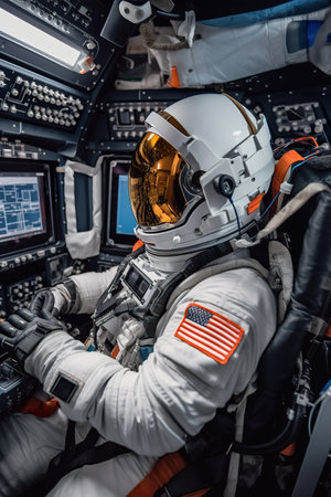 A man in a space suit sitting in a space ship. Generative AI image.の素材