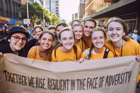 A group of young women volunteers holding a banner. Generative AI image.の素材