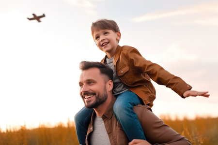 A man carrying a little boy on his shoulders. Generative AI image.の素材