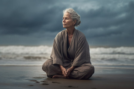 A woman sitting on the beach in a robe. Generative AI image.の素材