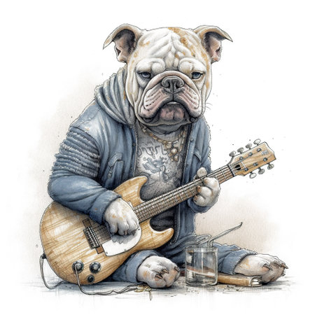 A drawing of a dog playing a guitar. Generative AI image.の素材